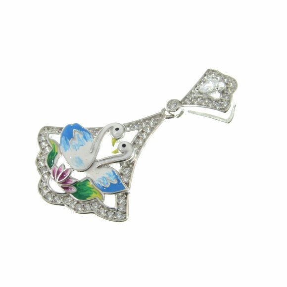 Solid 925 Sterling Silver and Blue & White Enamel Swans Pendant, Colorful Charm - Picture 7 of 8
